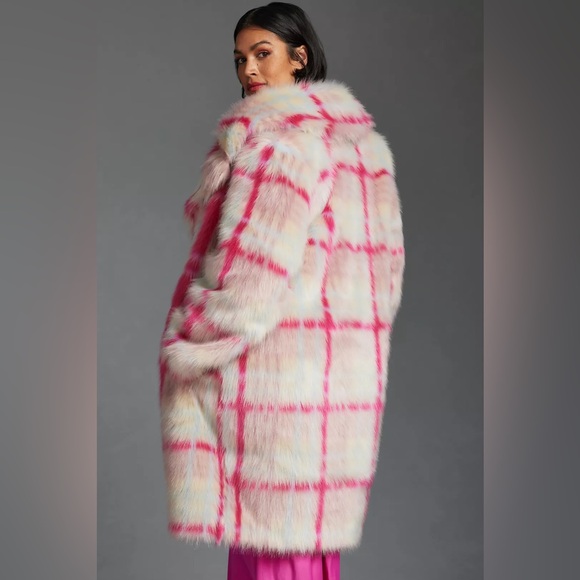 NVLT Anthropologie Tartan Plaid Faux Fur Coat - Pink and White - Picture 10 of 15
